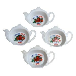 Vintage 80s Tea Bag Holders Set 4 White Made in Hong Kong Let Me Hold The Bag